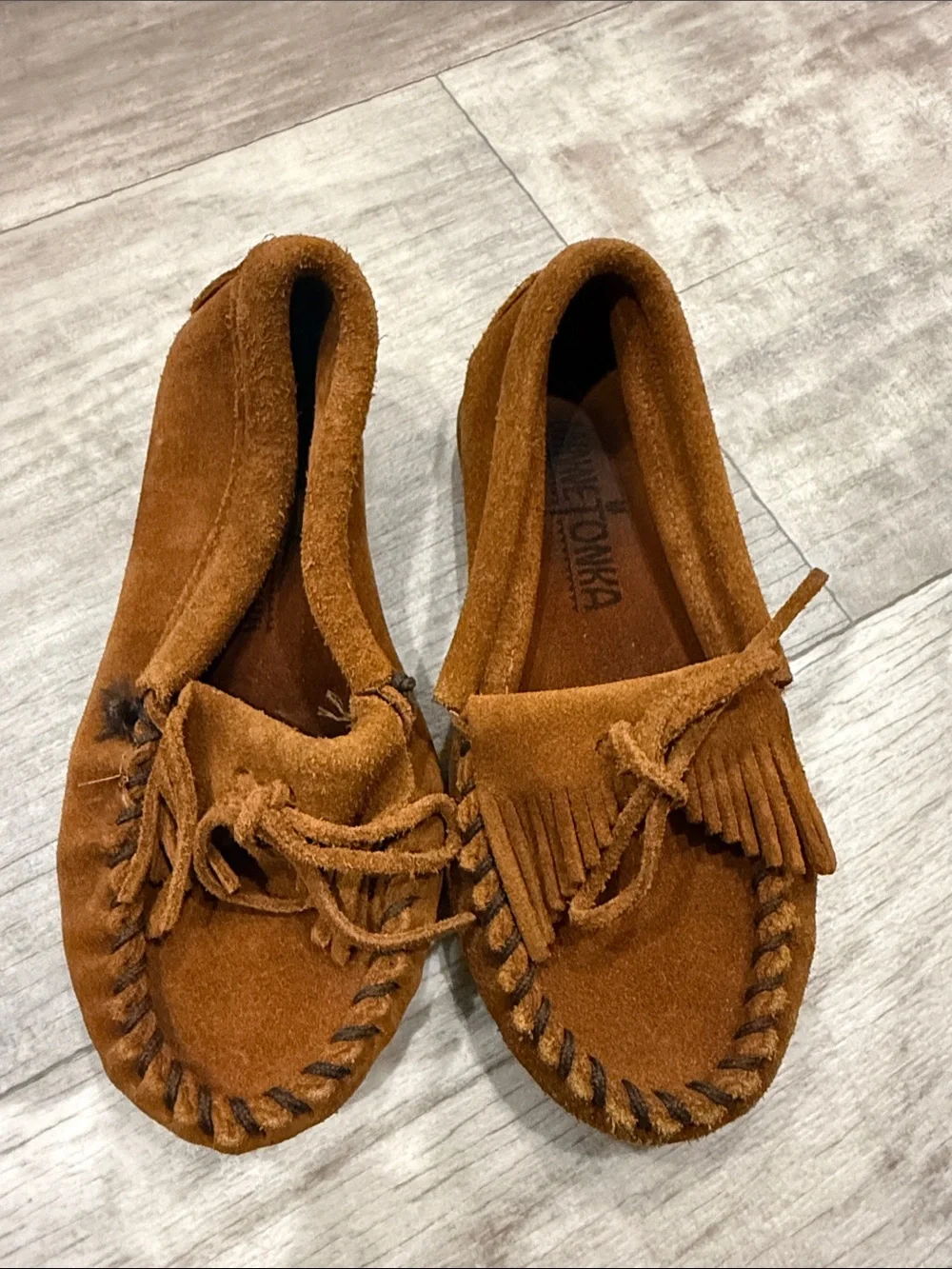 Minnetonka Kids Suede Moccasins in Cognac